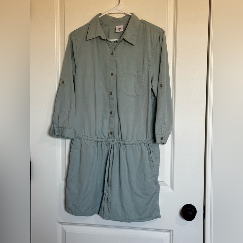 Cabi Button Front Utility Romper Sage Green Size M Tie Waist Pockets